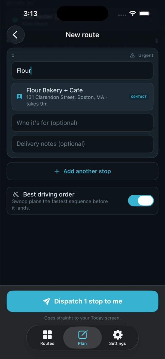 Swoop route builder suggesting a saved customer with its saved service time