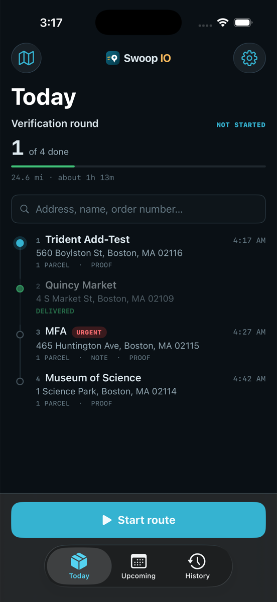 Swoop driver app showing today's round in order, one delivered, with a Start route button