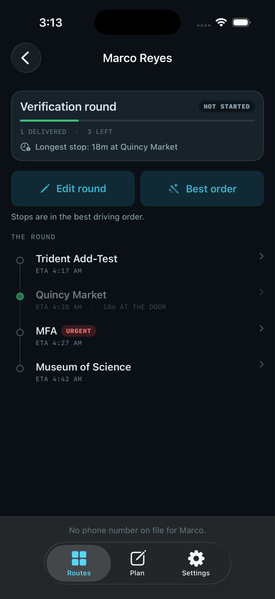 Swoop dispatcher view of a round: progress, longest stop attribution, and per-stop ETAs