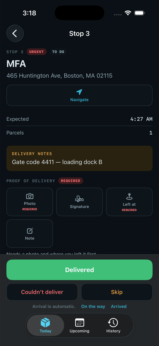 Swoop driver stop screen with delivery notes, required photo proof, and delivered / couldn't deliver / skip actions